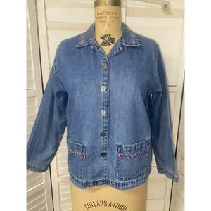 VTG 80s Blue Denim Embroidered Collar Button Up Long Sleeve Shirt Country Sz Med